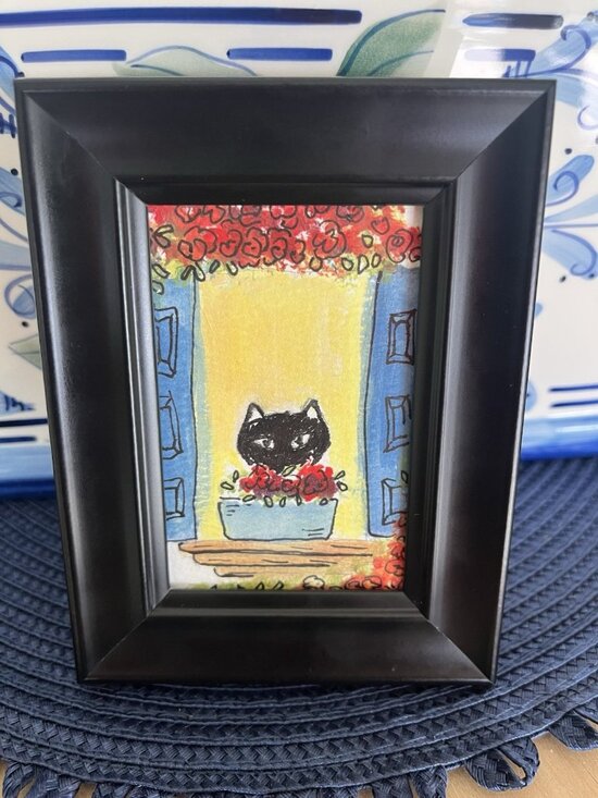 signed by artist Other - Whimsical Black Cat original miniature painting mini framed art 3.5" x 4/34"